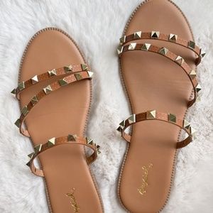Pink Lily Tan faux Leather Studded Sandals